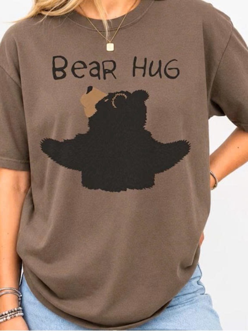 Brown Tee with Black Bear Hug Graphic